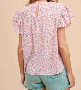 Anniewear - Ditsy Flower Printed Pleats Blouse