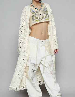 Pol - Crochet Fringe Open Front Longline Cardigan