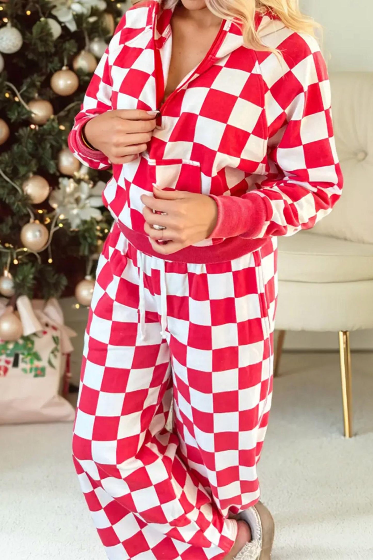 1 With Women - Checkered Print Half Zip Hoodie Loose Pant Set