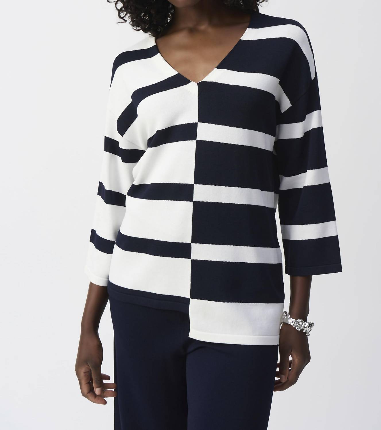 Joseph Ribkoff - Striped Sweater Knit V-neck Pullover