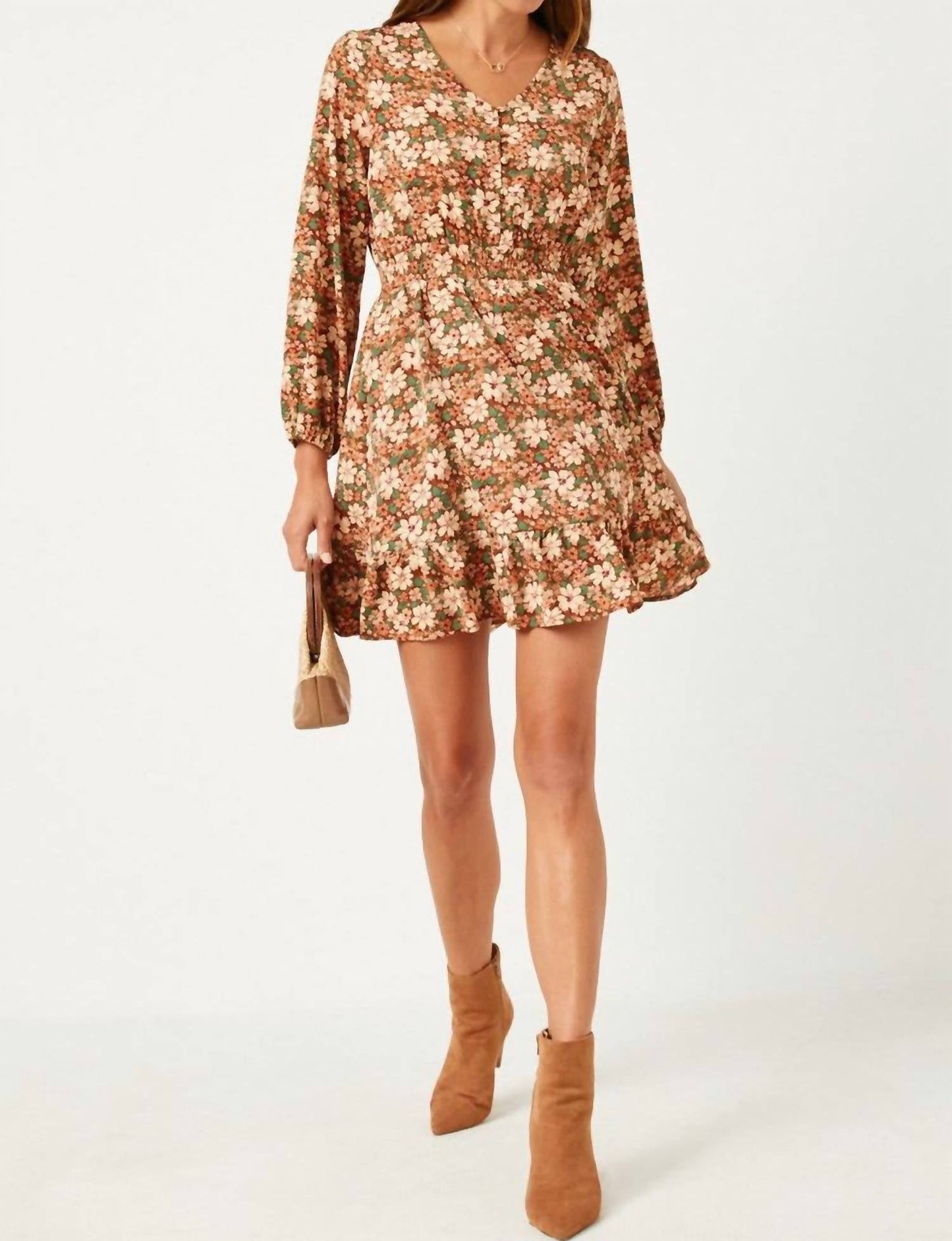 Hayden La - Floral Print Smocked Waist Button Detail Dress