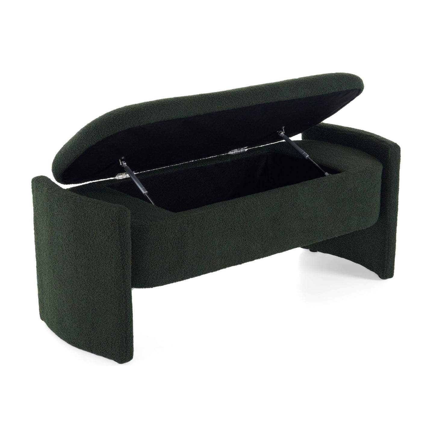 Elegant Long Shaped Storage Ottoman Bench, Boucle Material, Dark Green