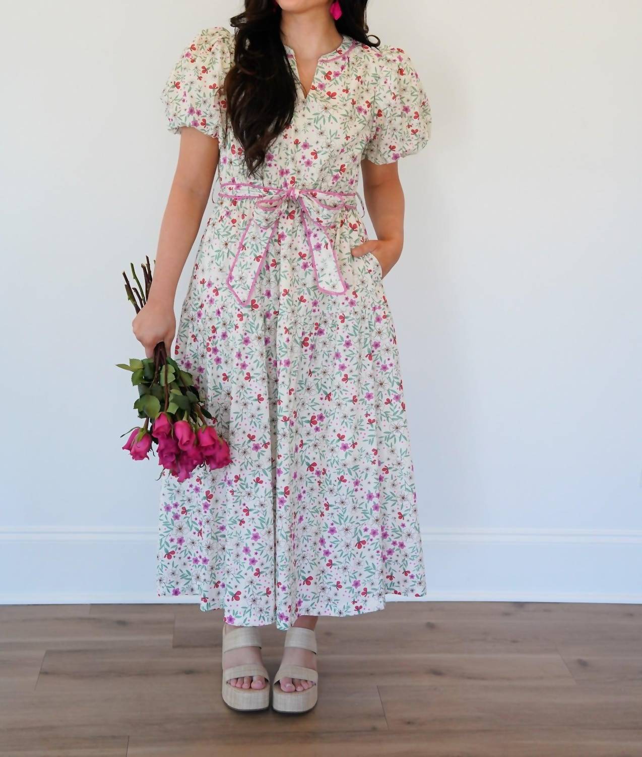 &Merci - Floral Bubble Sleeve Midi Dress With Lace Trim