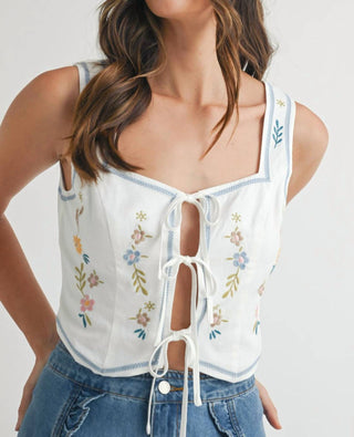 Mable - Embroidered Floral Tie Front Vest