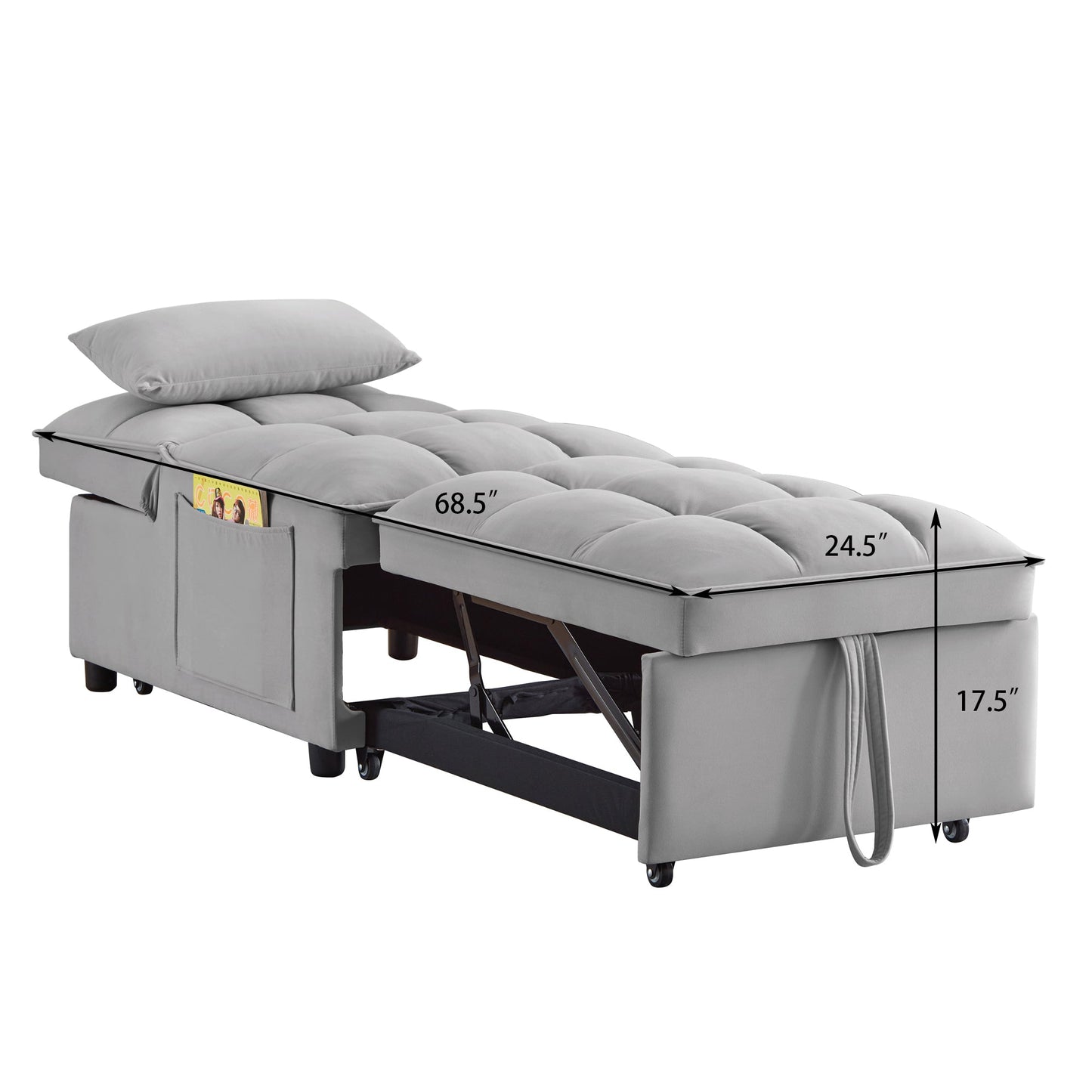 4 in 1 Multi-Function Single Sofa Bed with Storage Pockets Gray