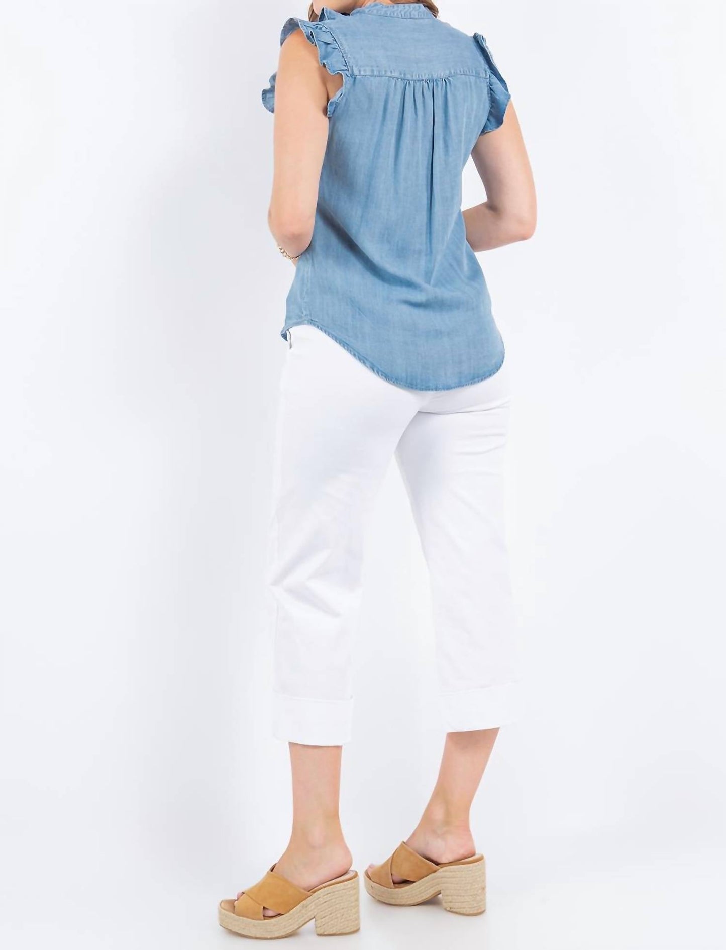 Paparazzi - Tencel Denim Ruffle Front Sleeveless Shirt