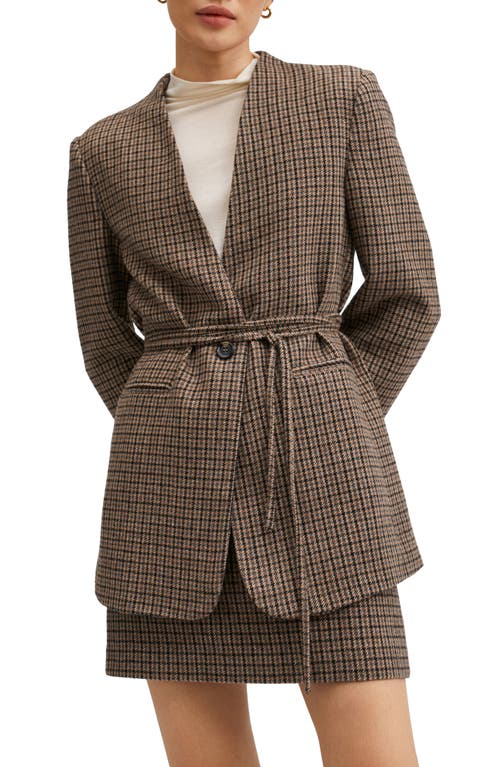 MANGO Belted Check Blazer in Brown, Size Medium