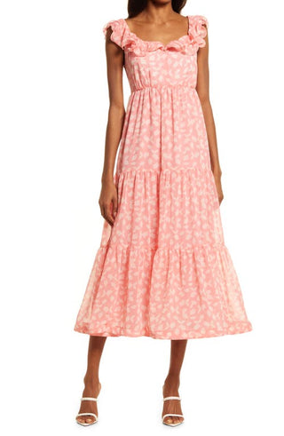 Women's Ruffle Midi Dress in Pink Falling Leaves
