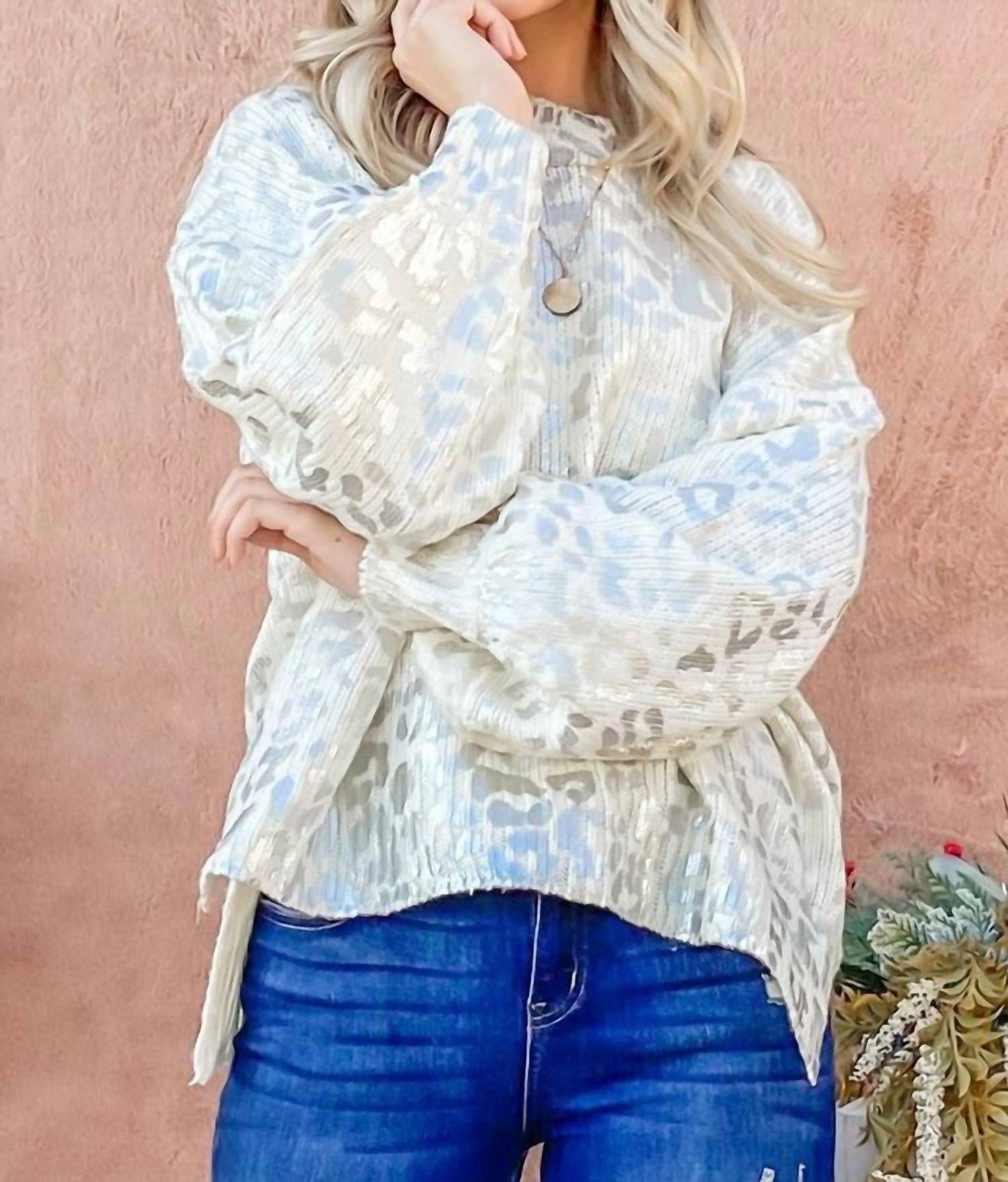 And The Why - Leopard Printed Balloon Sleeve Pullover Sweater