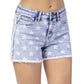 Judy Blue - Mid Rise Star Print Acid Wash Cut Off Shorts
