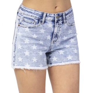 Judy Blue - Mid Rise Star Print Acid Wash Cut Off Shorts