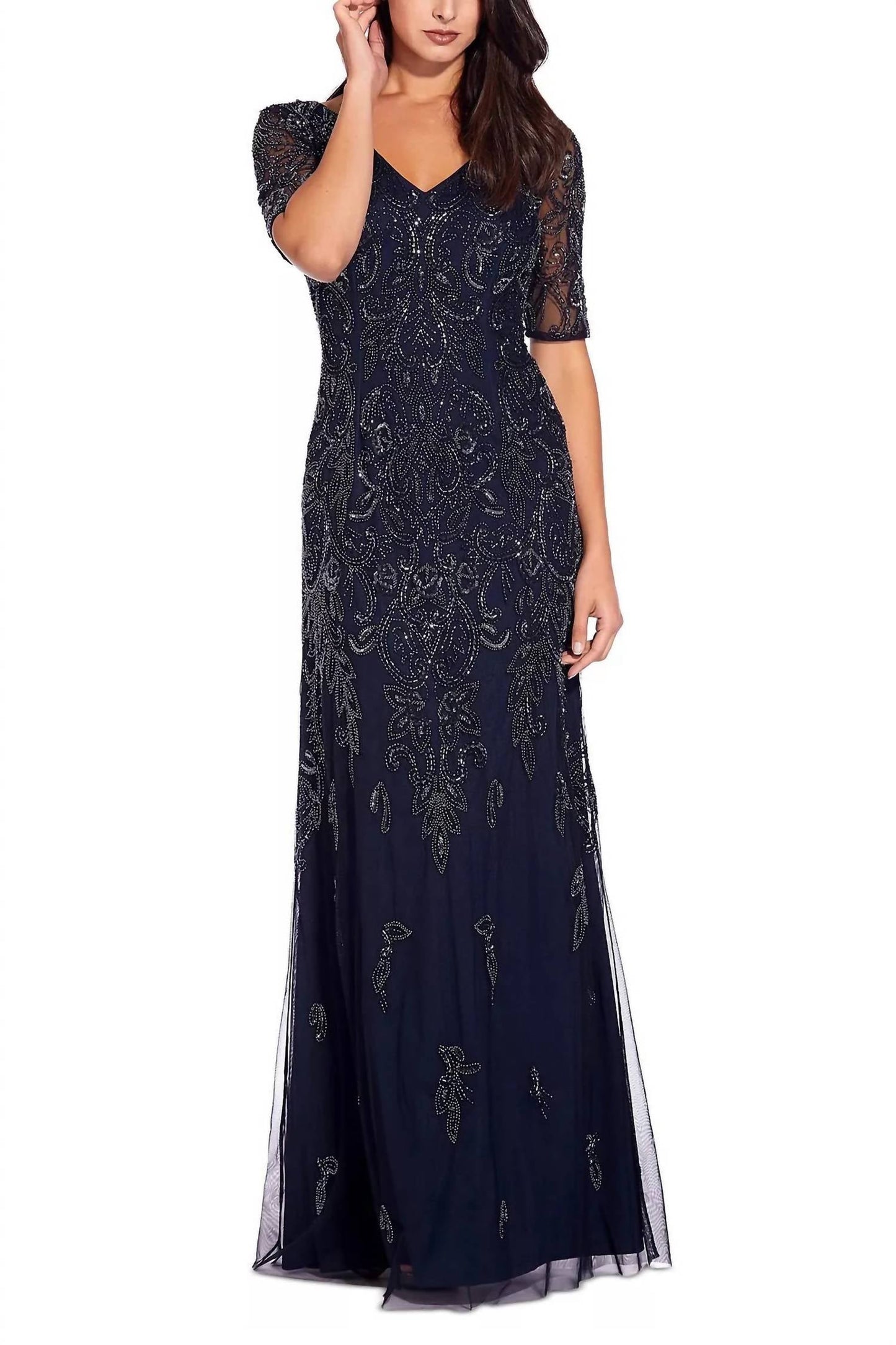 Adrianna Papell - V-neck Sequined Mermaid Mesh Gown