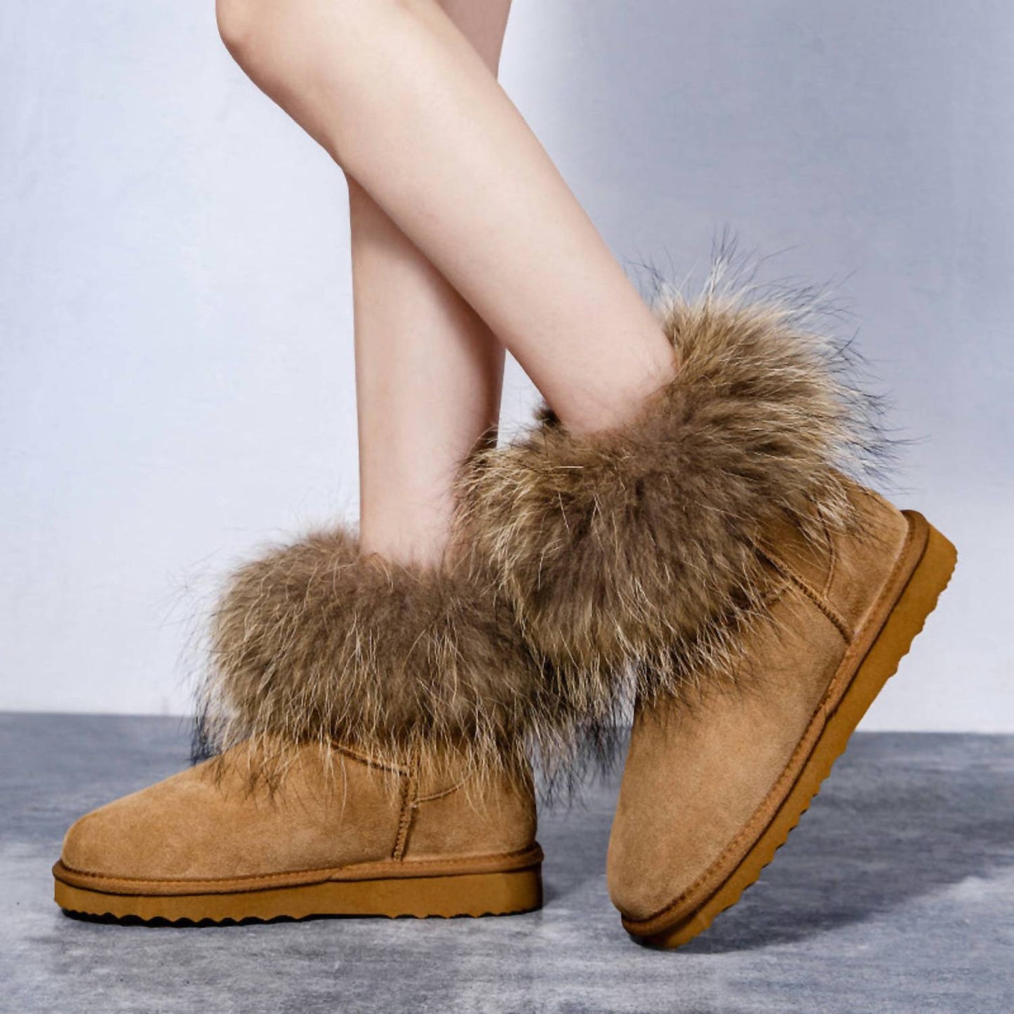 Spring Step Shoes - Women's Shearling Winter Boots With Racoon Fur
