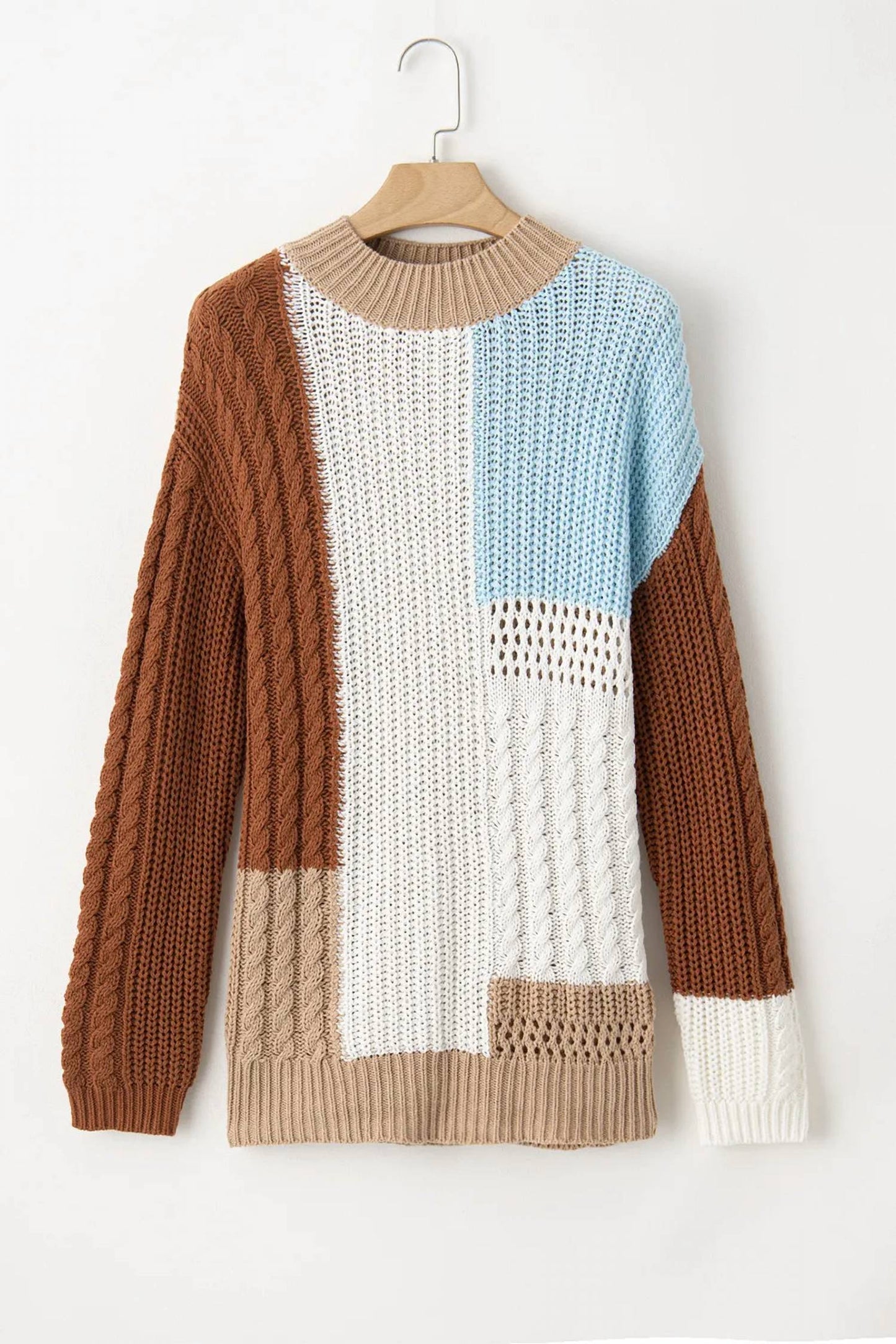 1 The Woman - Textured Knit Colorblock Patchwork Sweater