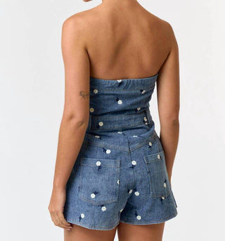 Blue Blush - Floral Embroidered Strapless Romper
