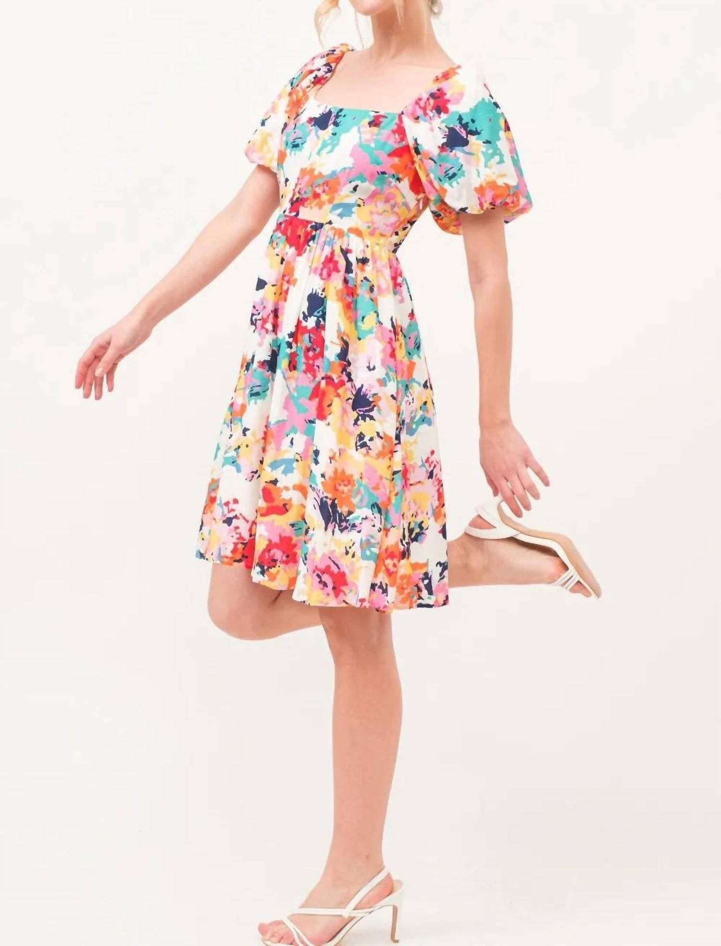 And The Why - Square Neck Puff Sleeve Floral Dress