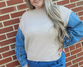 Anniewear - Denim Sleeve Contrast Distressed Sweater Top