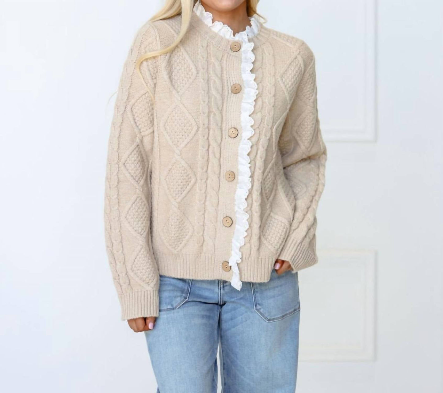 Aureum - Eyelet Trim Cable Knit Cardigan