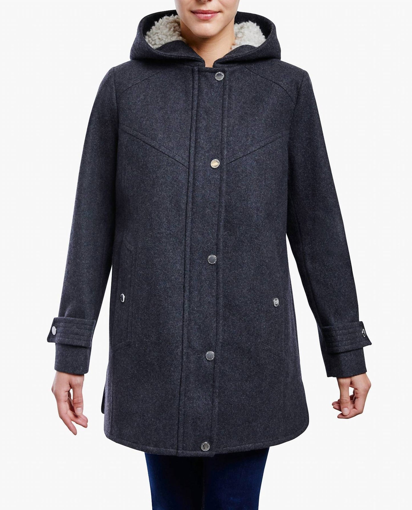 London Fog - Zip-front Sherpa Lined Hood 31 Inch Wool Jacket