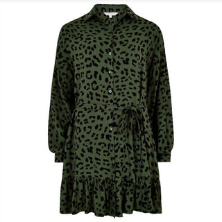 Apricot - Leopard Ruffle Hem Belted Waist Shirt Dress