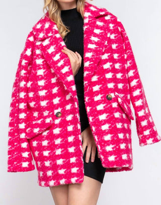 Active Usa - Double Breasted Check Print Boucle Fleece Coat