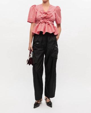 Ganni - Women's Crinkled Taffeta Check Tie Strap Blouse