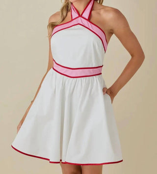 Baby Pink - Colorblock Strap Design Halter Neck Mini Dress