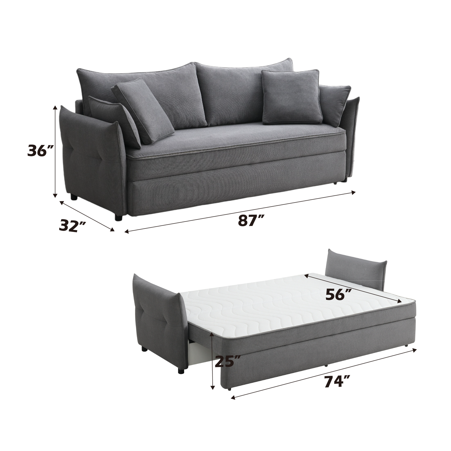 Irina Gray Fabric Sofa Sleeper (Toss Pillows Included)