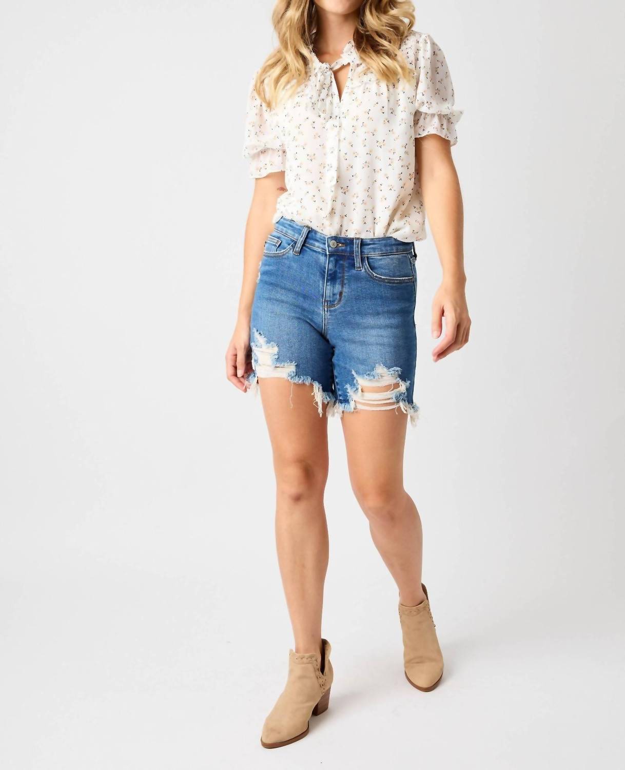 Judy Blue - Mid Rise Destroy Fray Hem Denim Shorts - Plus