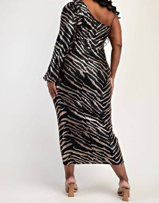 The Curve La - Plus Size Sequns Knit One Shoulder Dress With Cutout