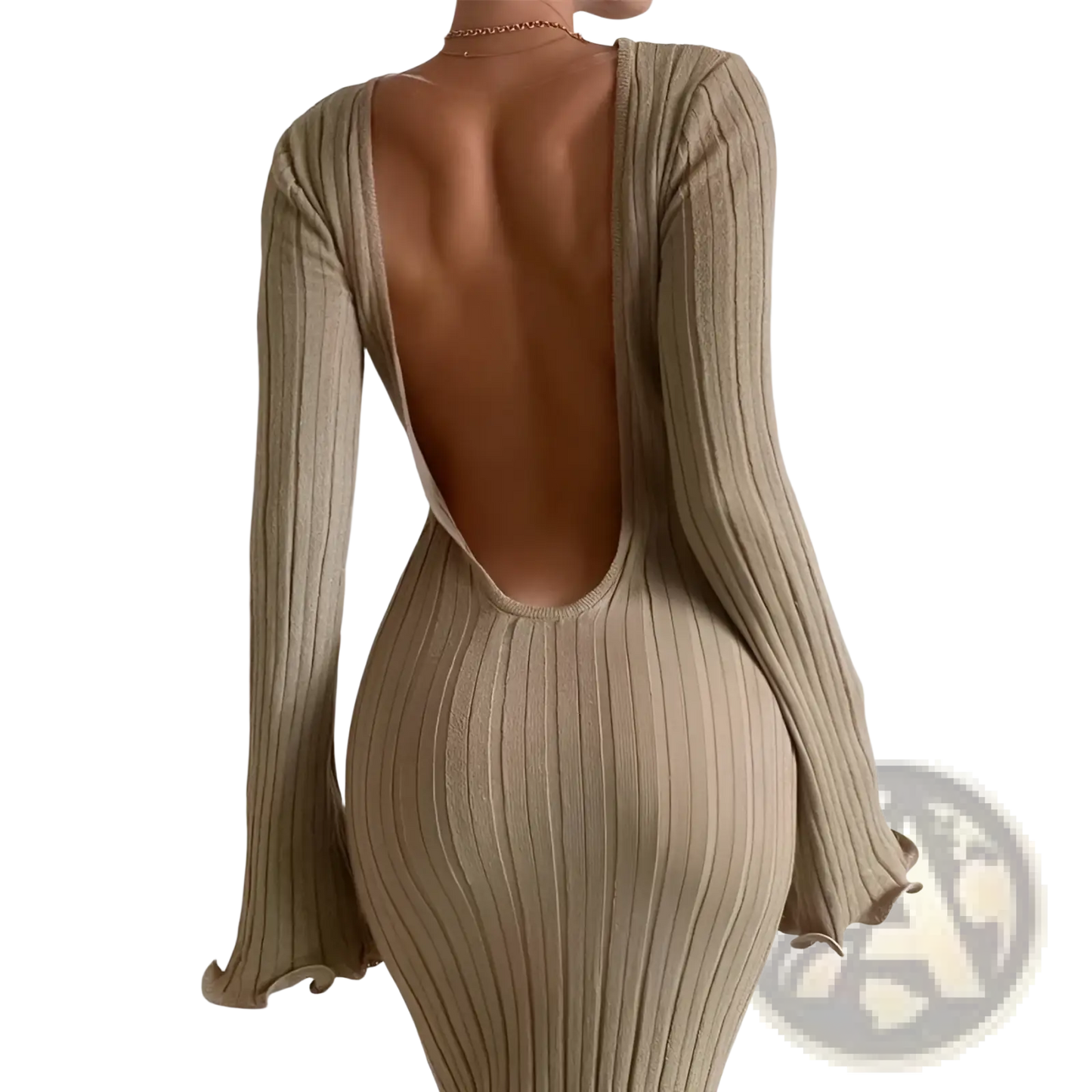 Backless Ruffled Ribbed Knit Bodycon Maxi Dress