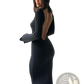Backless Ruffled Ribbed Knit Bodycon Maxi Dress
