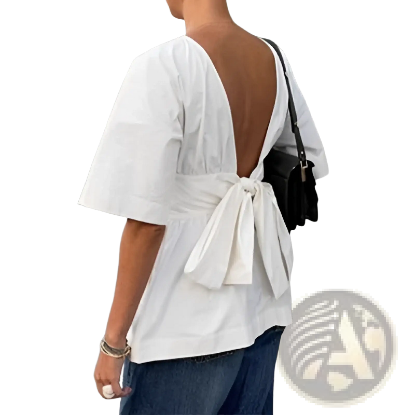 Backless Short Sleeve Tie Back Cotton Blouse