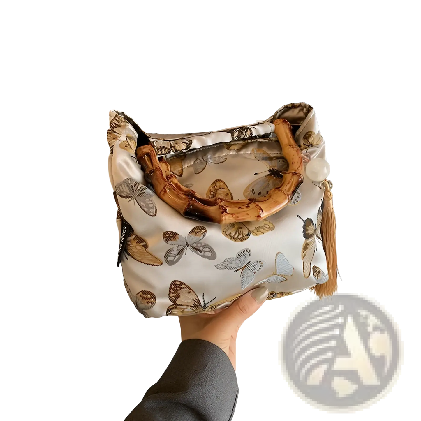 Bamboo Handbag with Tassel and Forest Pattern Canvas
