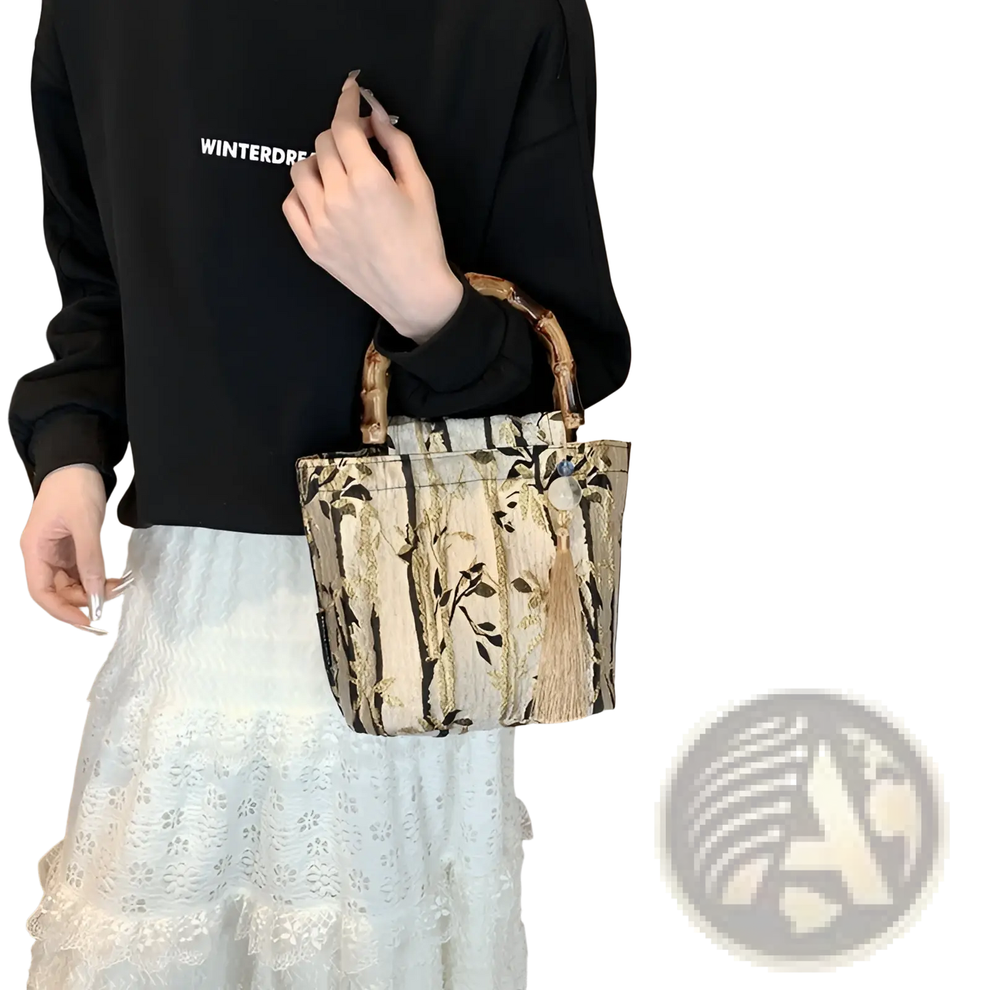 Bamboo Handbag with Tassel and Forest Pattern Canvas
