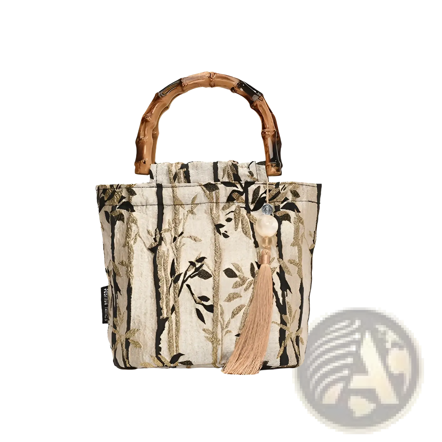 Bamboo Handbag with Tassel and Forest Pattern Canvas