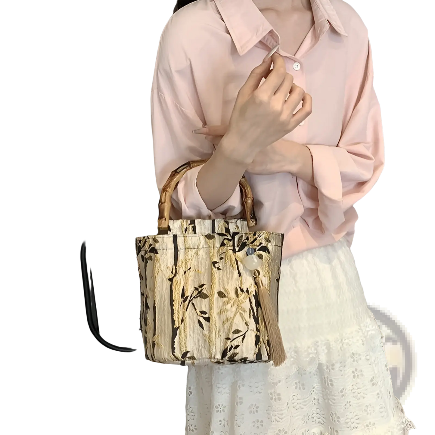 Bamboo Handbag with Tassel and Forest Pattern Canvas