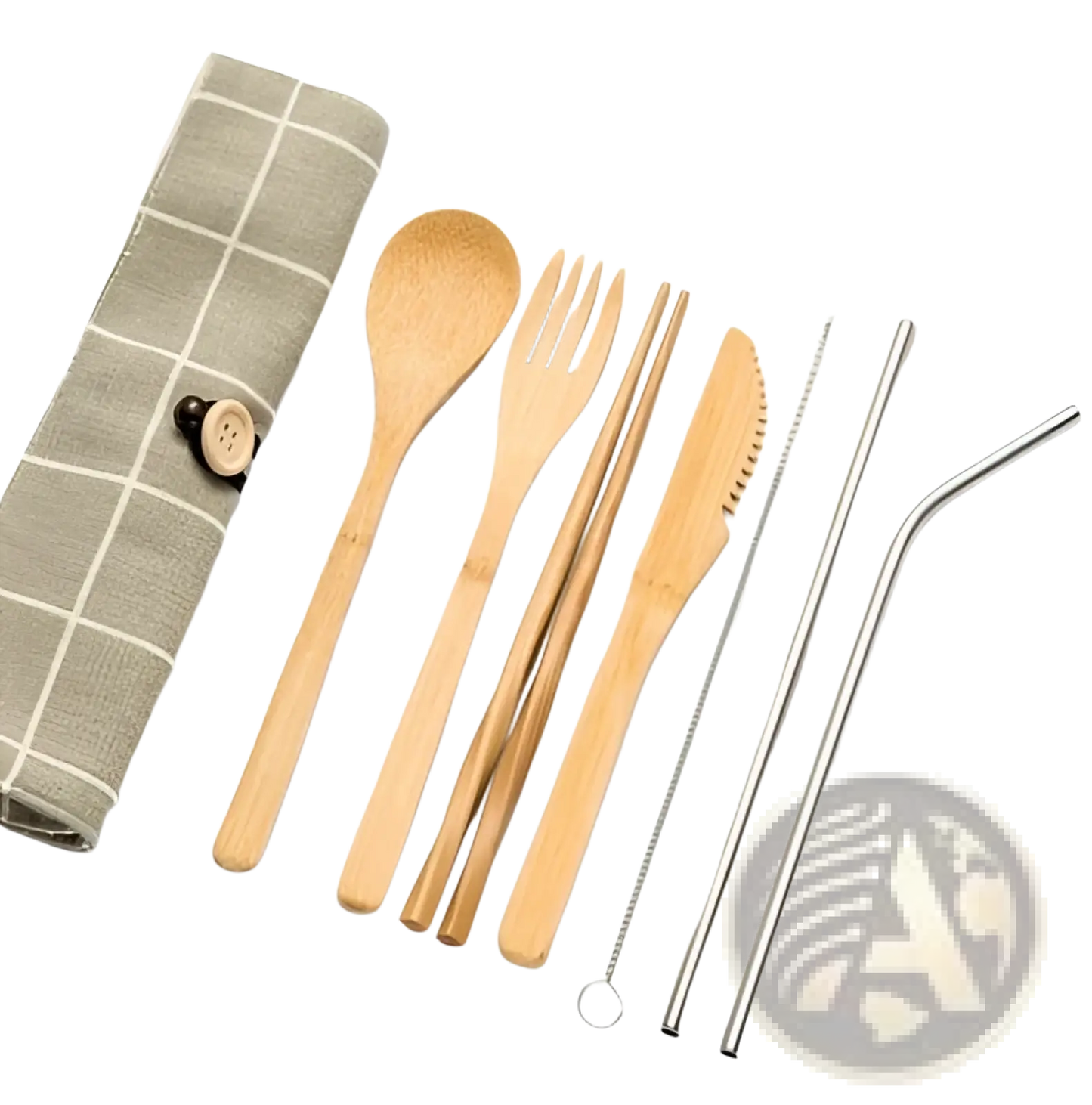 Bamboo Utensil Set with Checkered Travel Roll Case
