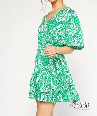 Entro - Francesca Green Ornate Print Puff Sleeves Ruffle Dress