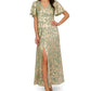 Adrianna Papell - Foiled Leaf Print Surplice V-neck Short Flutter Sleeve Gown