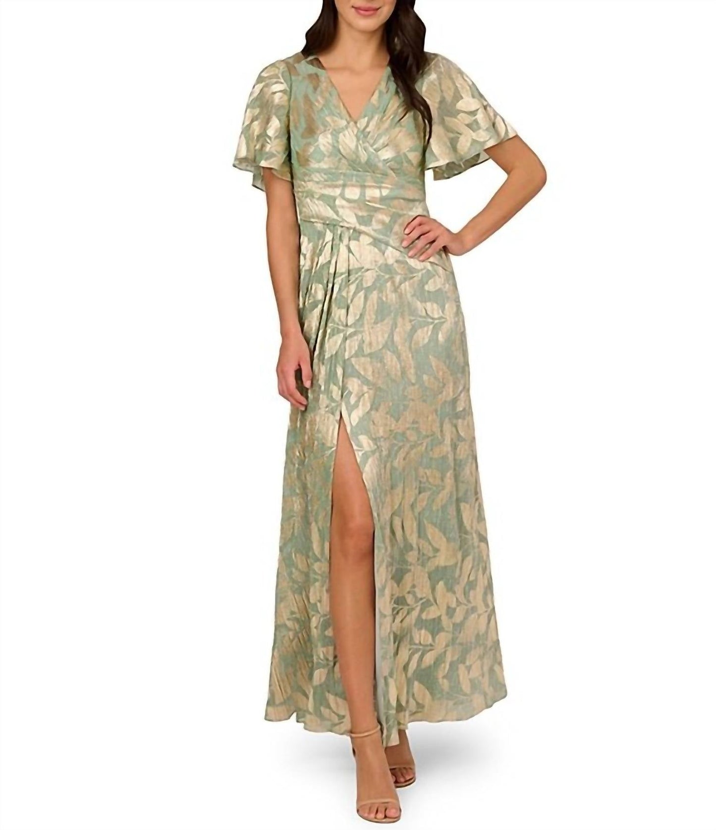Adrianna Papell - Foiled Leaf Print Surplice V-neck Short Flutter Sleeve Gown