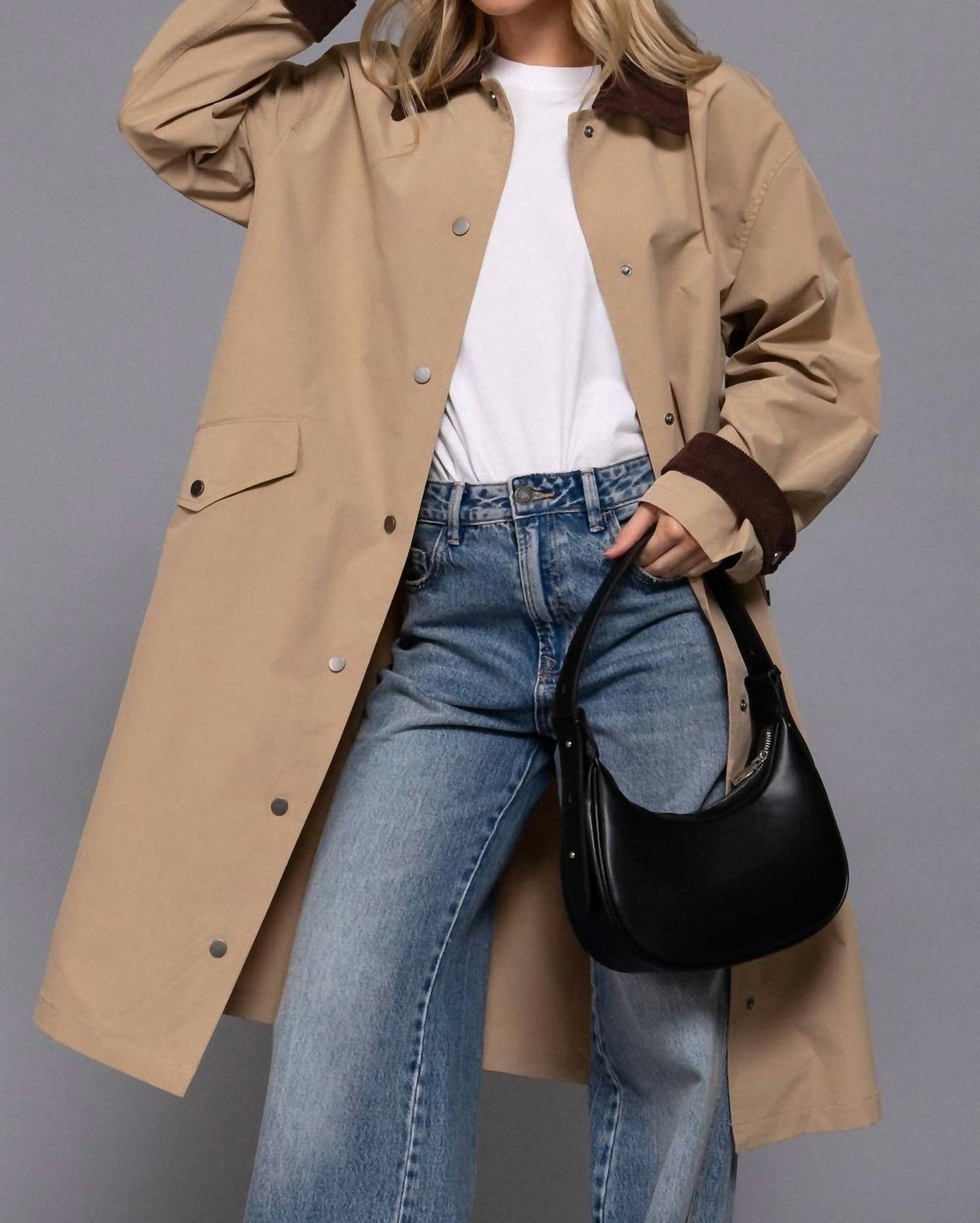 Active Usa - Contrast Collar Long Trench Coat