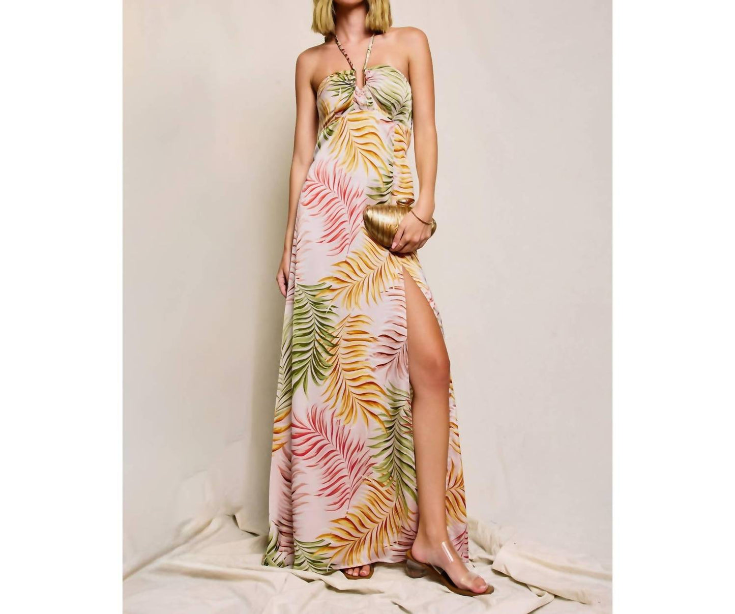 Dress Forum - Tropical Leaf Printed Satin Maxi Dress