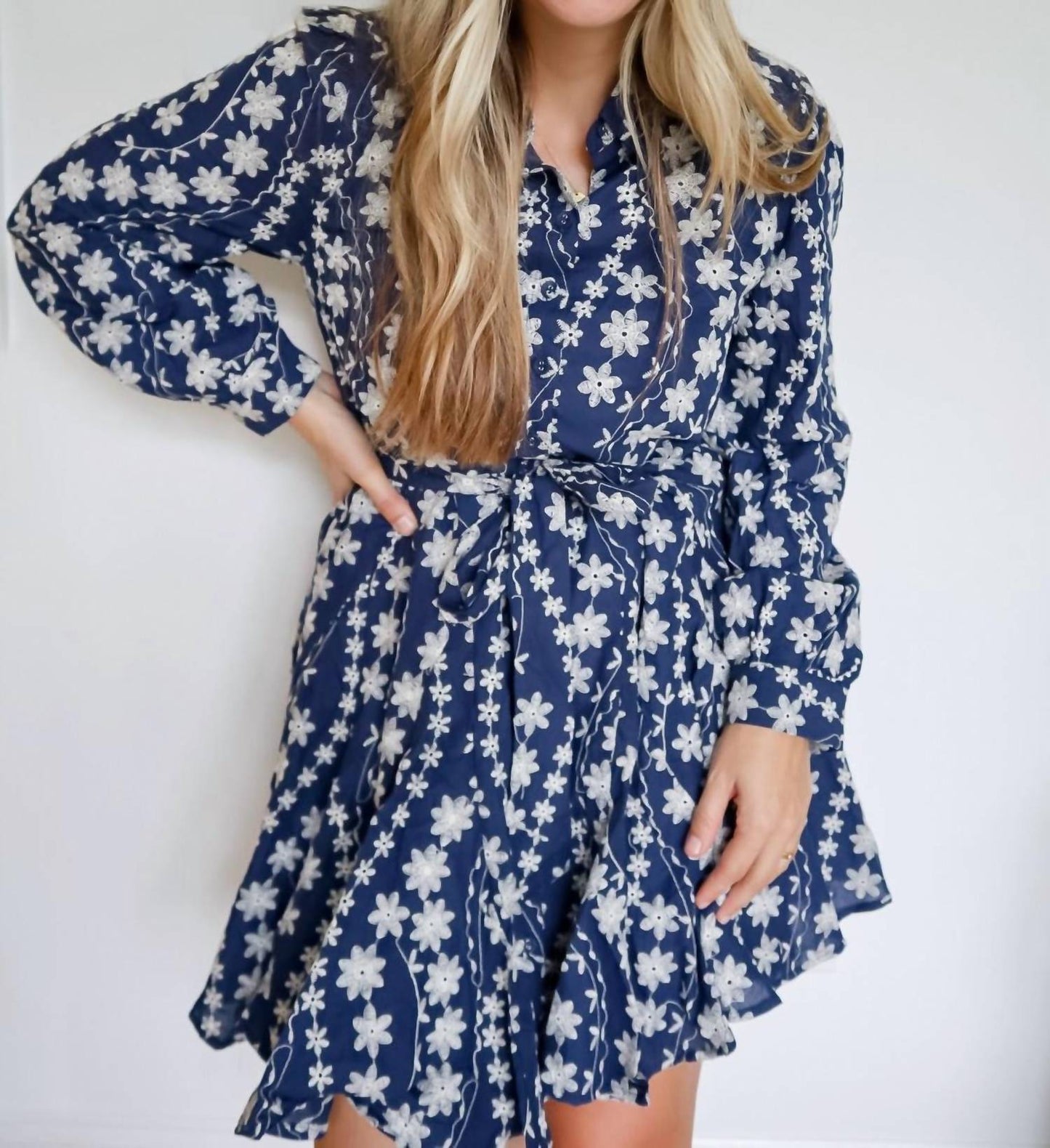 &Merci - Jenny Floral Embroidery Button Down Flared Mini Dress