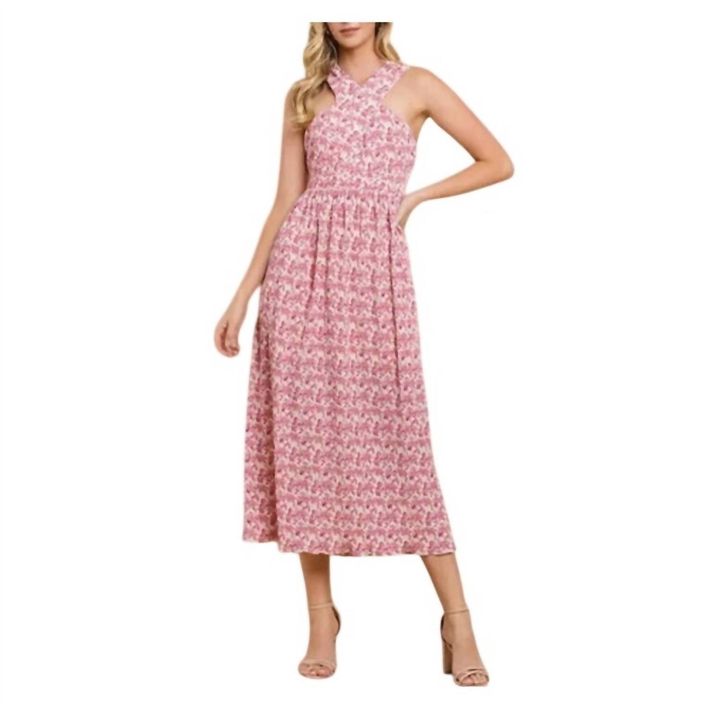 Tcec - Printed Pleated Halter Midi Dress