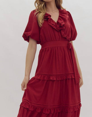 Entro - Faux Wrap Short Puff Sleeve Ruffle Detail Midi Dress