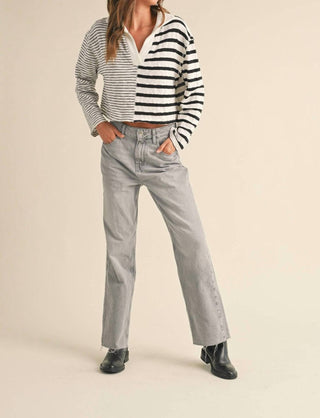 Miou Muse - V-Neck Contrast Striped Top