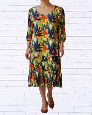 Calypso - Abstract Leaf Print Woven Midi Dress