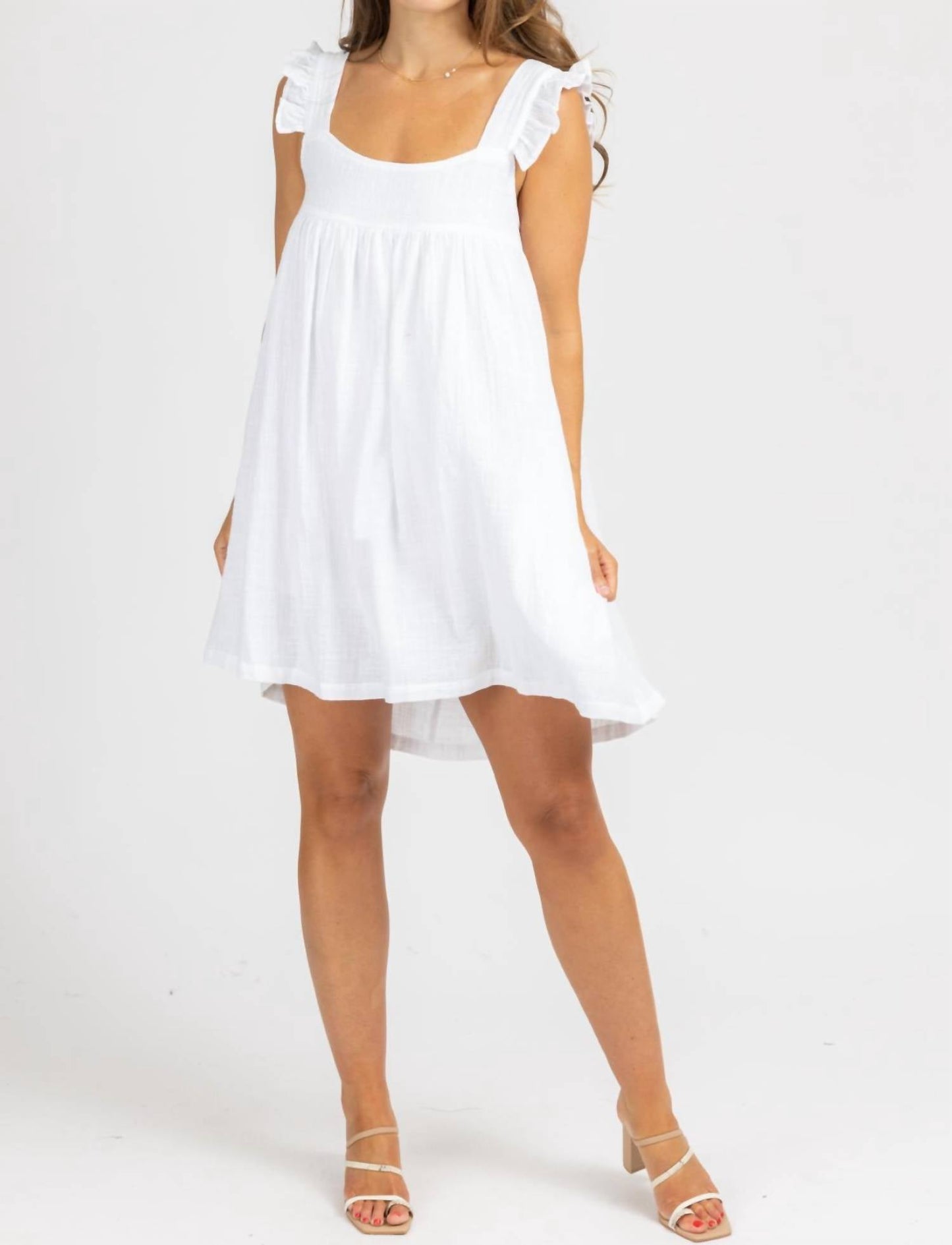 Olivaceous - LINEN RUFFLE STRAP MINI DRESS