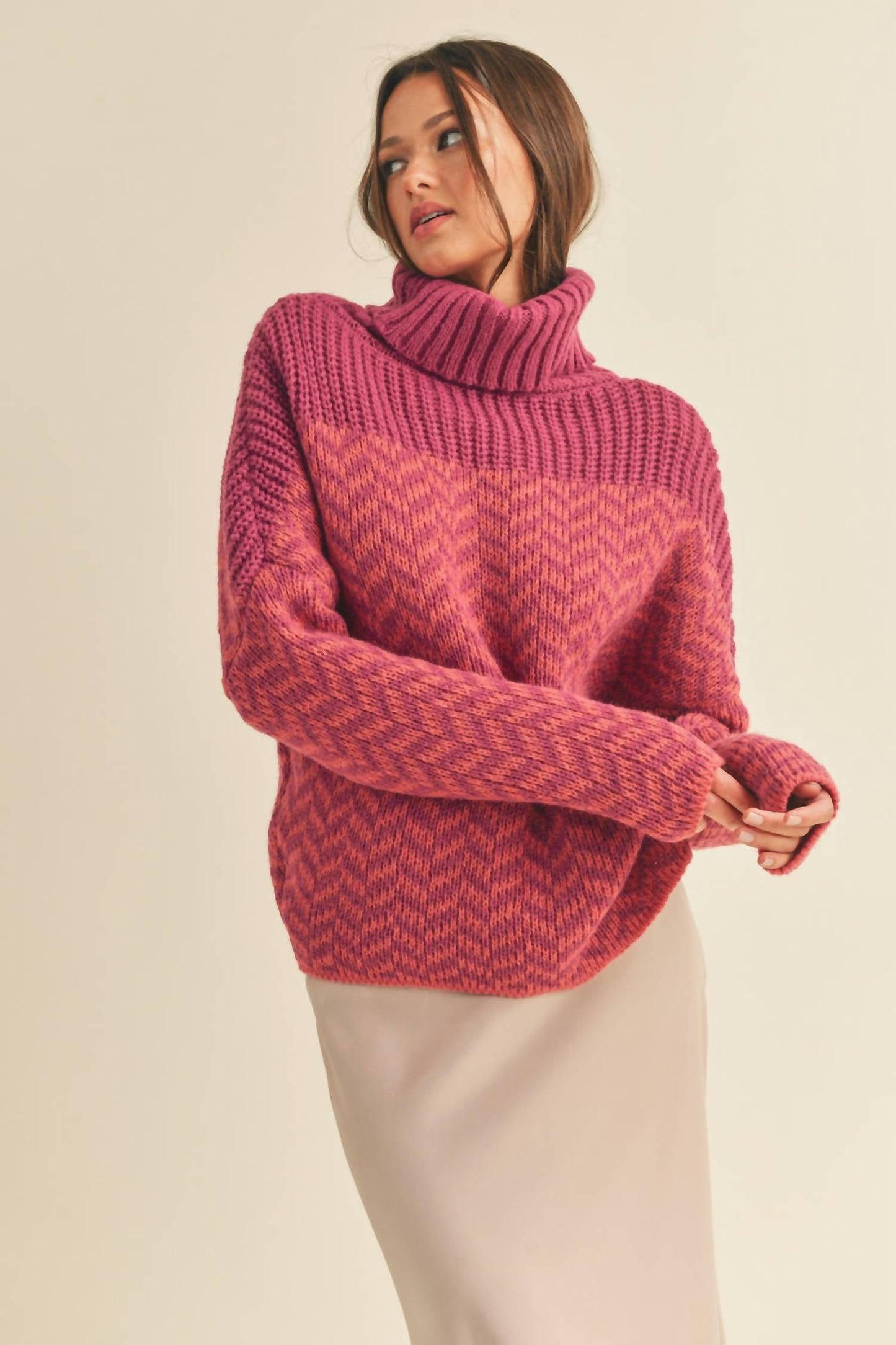 &Merci - Turtleneck Chevron Knit Sweater